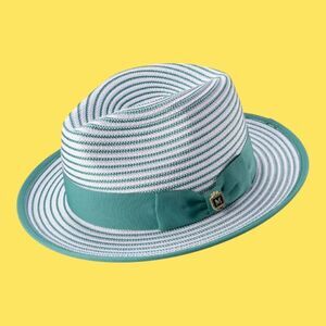 MEN'S  MONTIQUE EMERALD/ WHITE STRIPED FEDORA HAT WITH RIBBON BAND. H90.